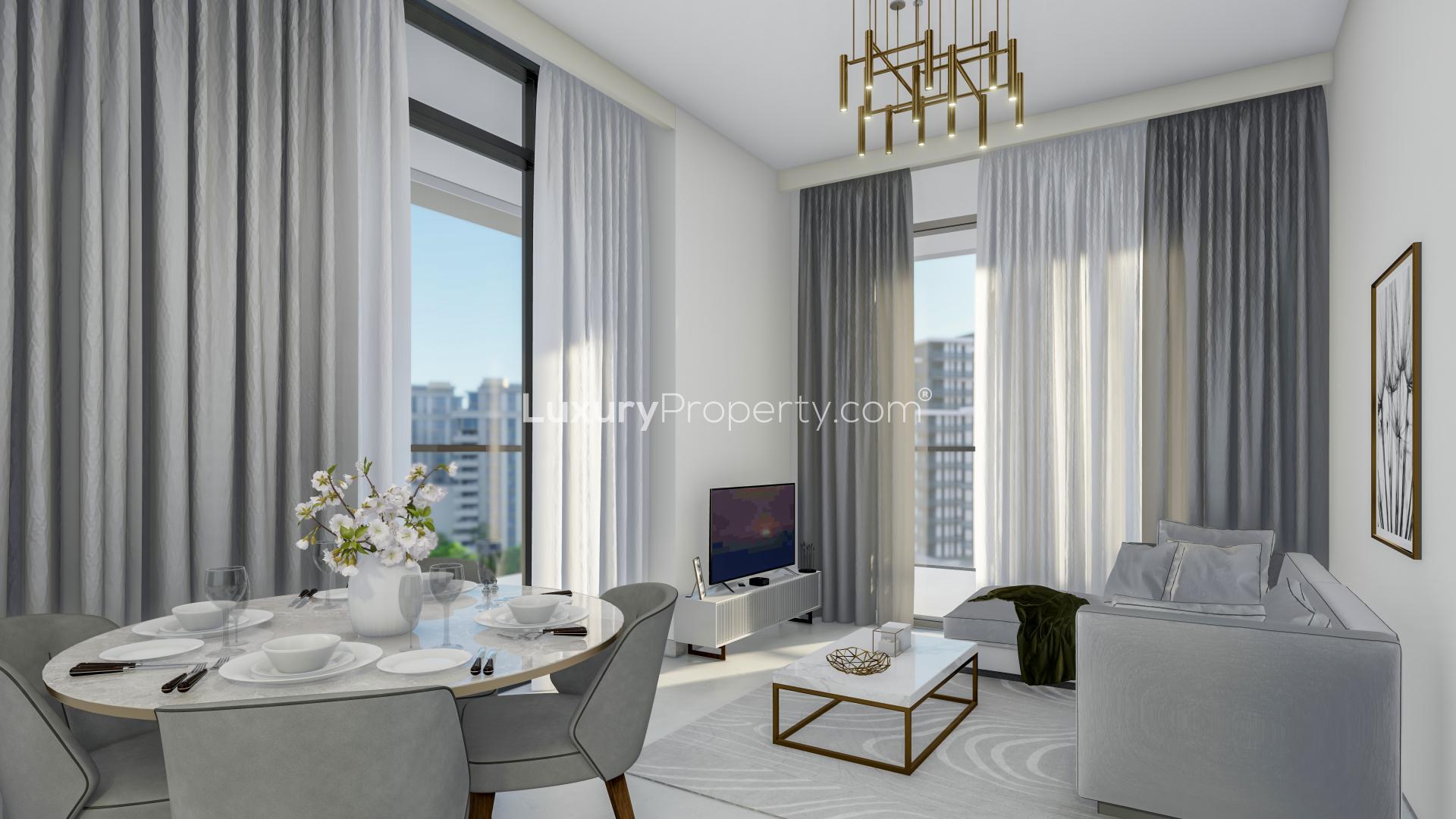 "Modern apartment building in Business Bay, The Paragon by IGO, vibrant urban setting.",Elegant living room in 1-bedroom apartment, The Paragon by IGO, Business Bay