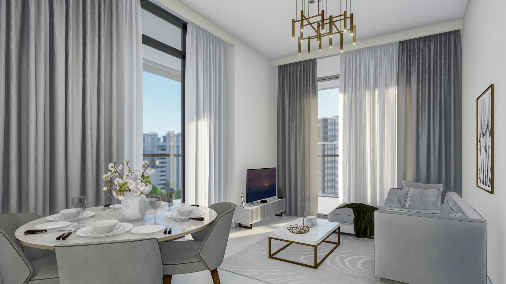 "Modern apartment building in Business Bay, The Paragon by IGO, vibrant urban setting.",Elegant living room in 1-bedroom apartment, The Paragon by IGO, Business Bay