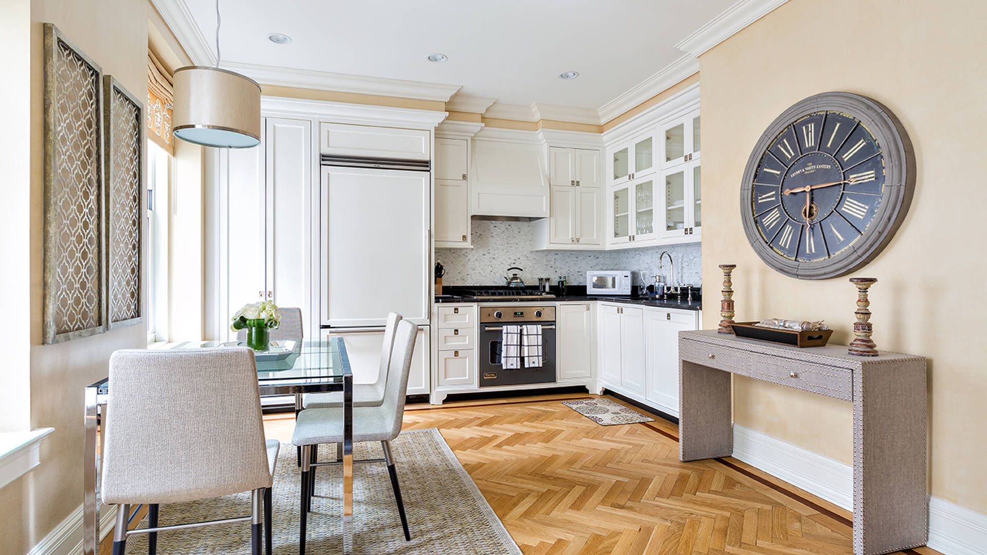 Luxury one-bedroom apartment interior at Plaza Hotel, Manhattan, New York, with modern furnishings