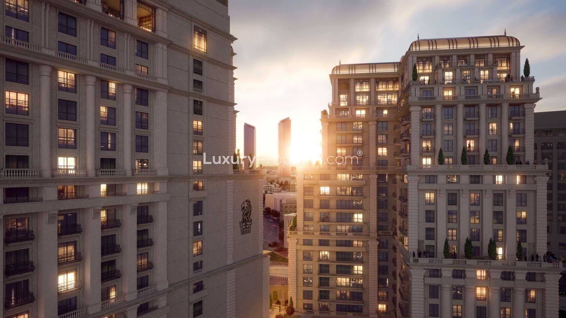 Luxury apartments at The Ritz-Carlton, Amman, illuminated at night with cityscape views