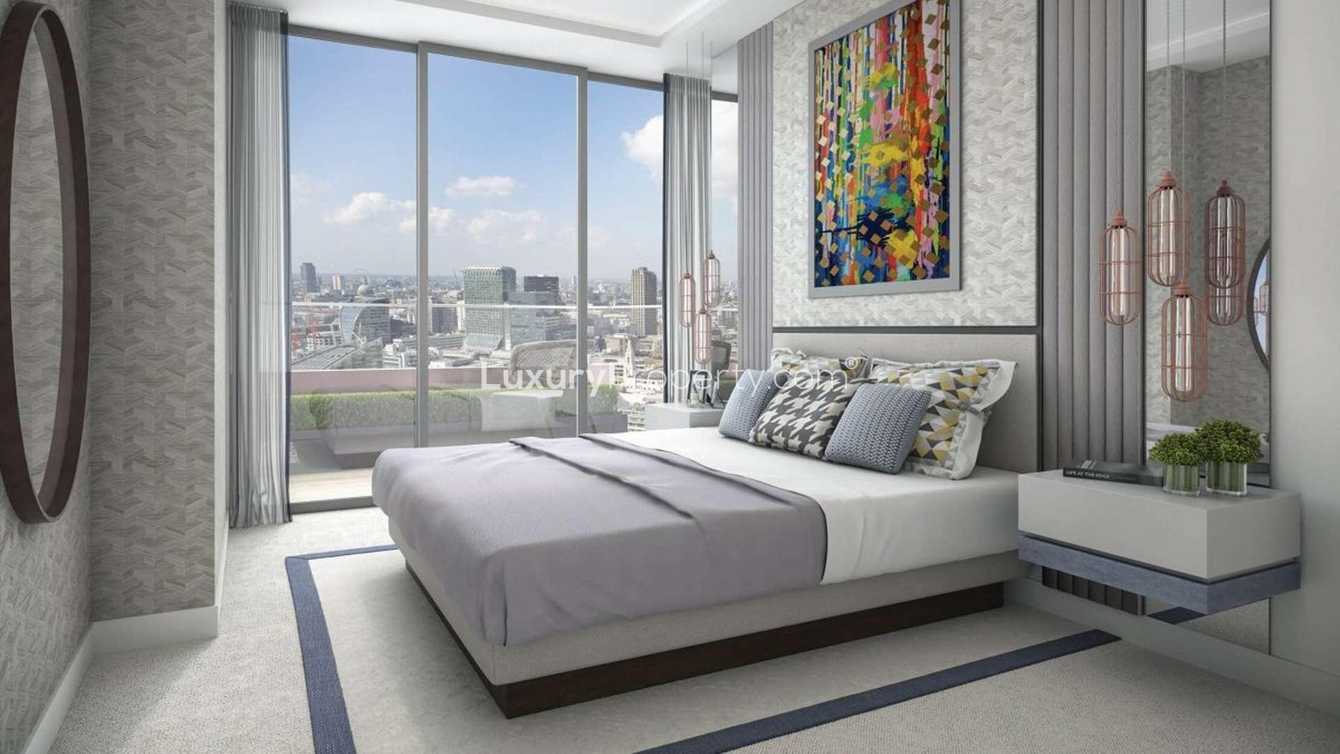 Modern living area in 1-bedroom apartment, The Stage, Shoreditch, with city views