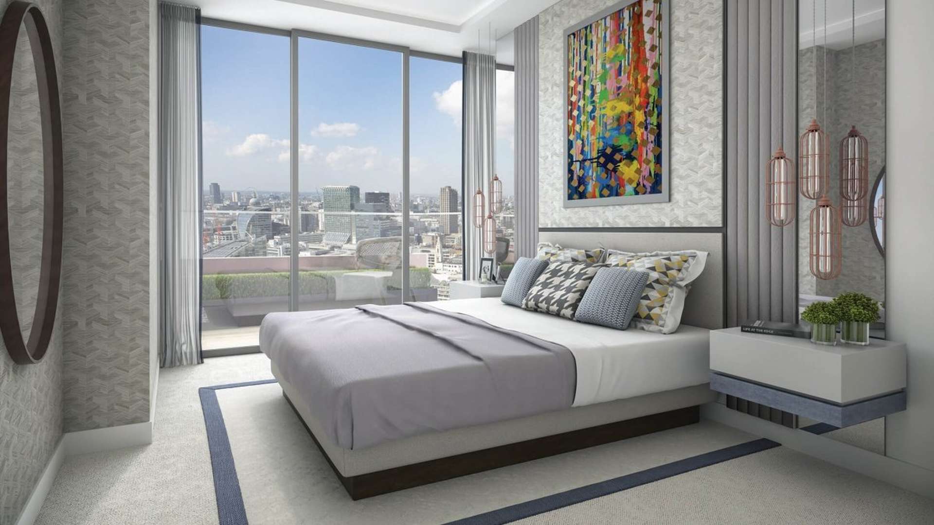 Modern living area in 1-bedroom apartment, The Stage, Shoreditch, with city views
