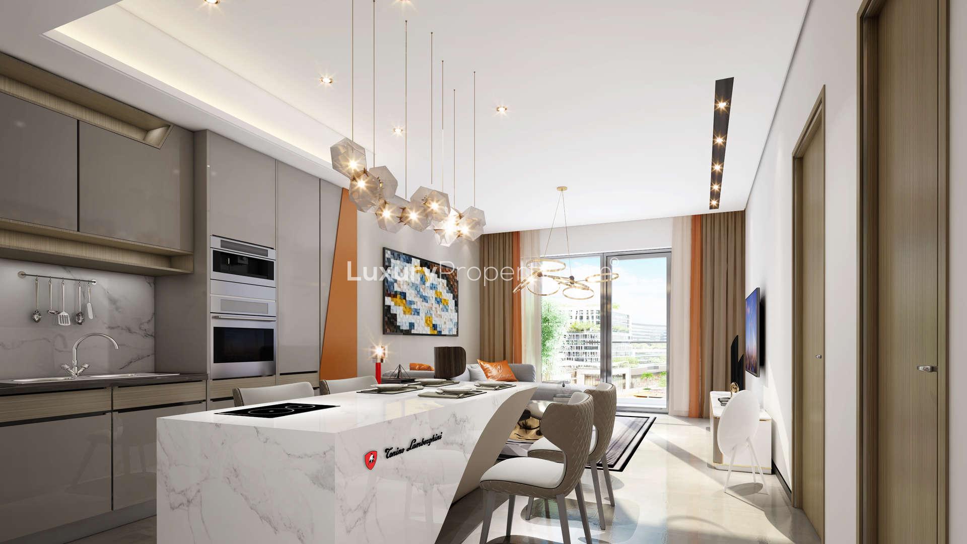 Modern living room and kitchen in Tonino Lamborghini Residences, Meydan apartment for sale