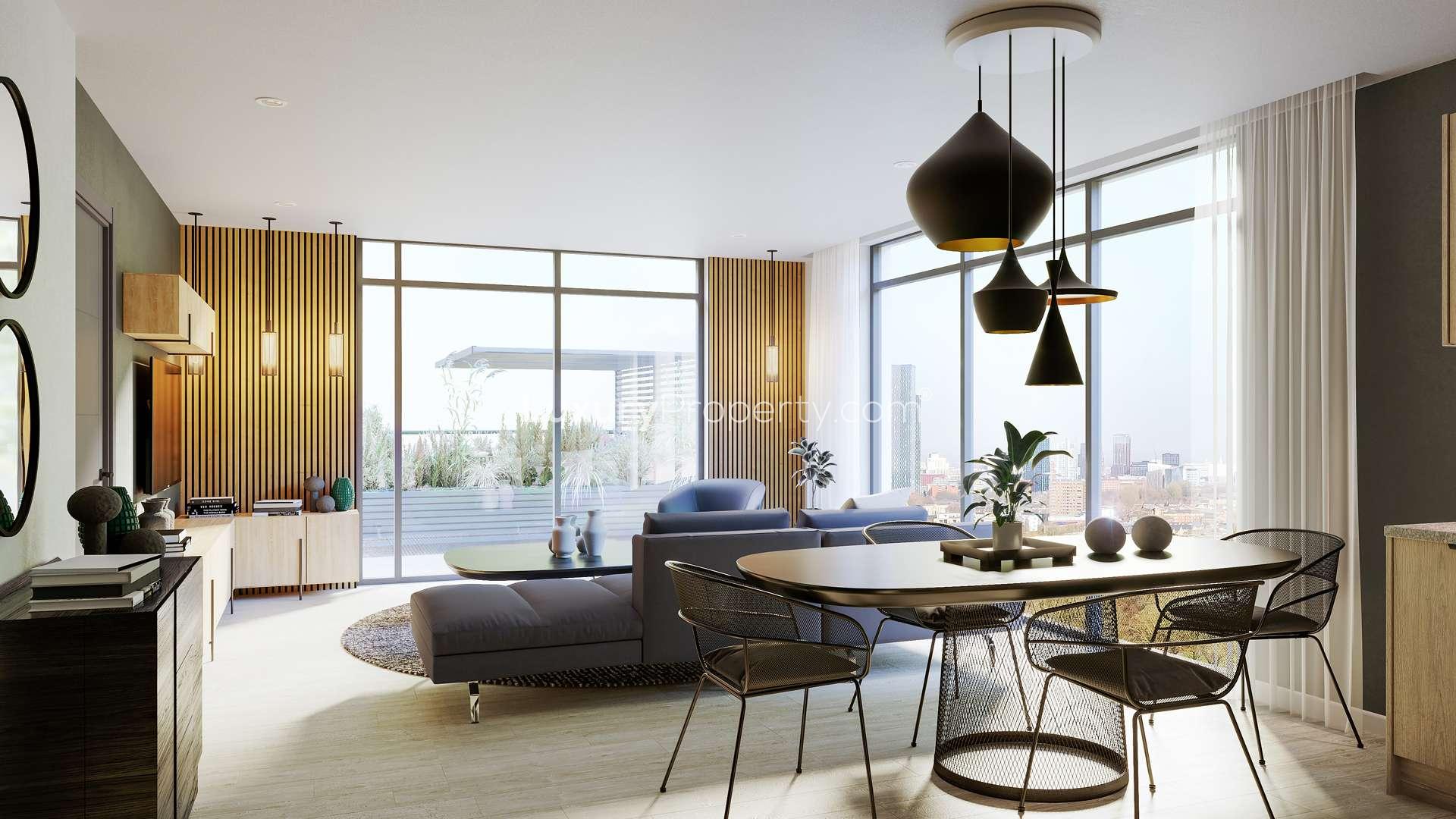 Modern living room in Urban Green, Manchester apartment with large windows and stylish decor