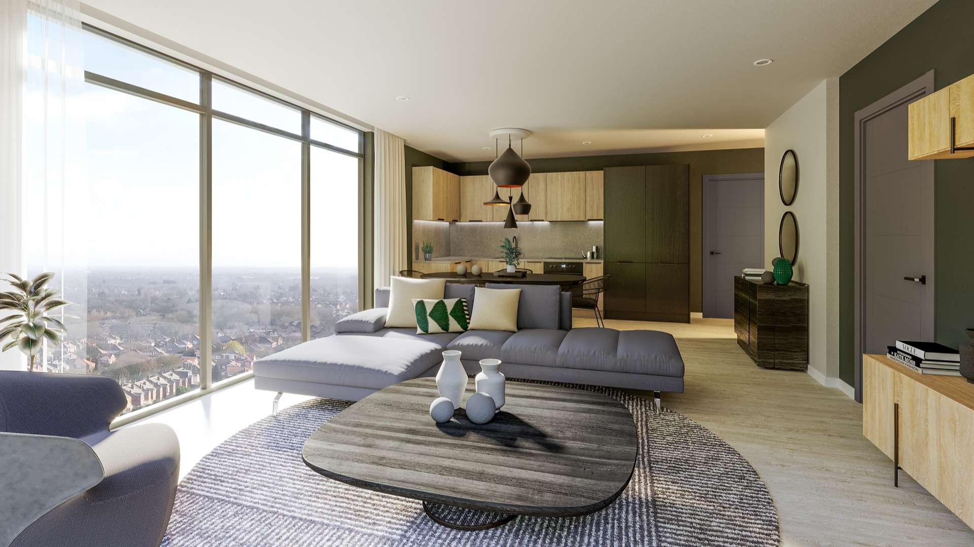 Modern high-rise apartment building in Urban Green, Manchester, surrounded by trees and parked cars