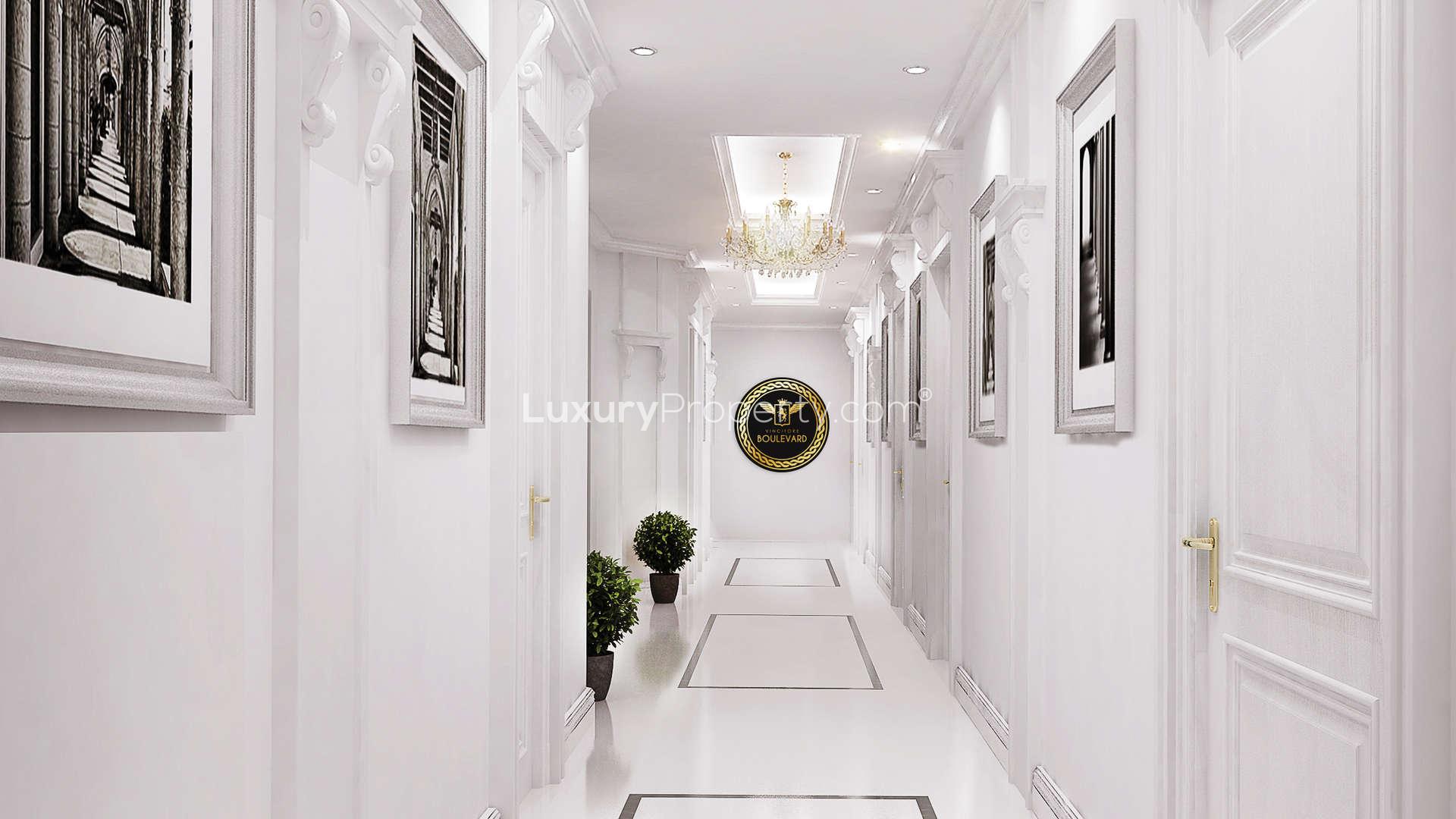 Elegant facade of Vincitore Boulevard apartment building in Arjan, Dubai Land