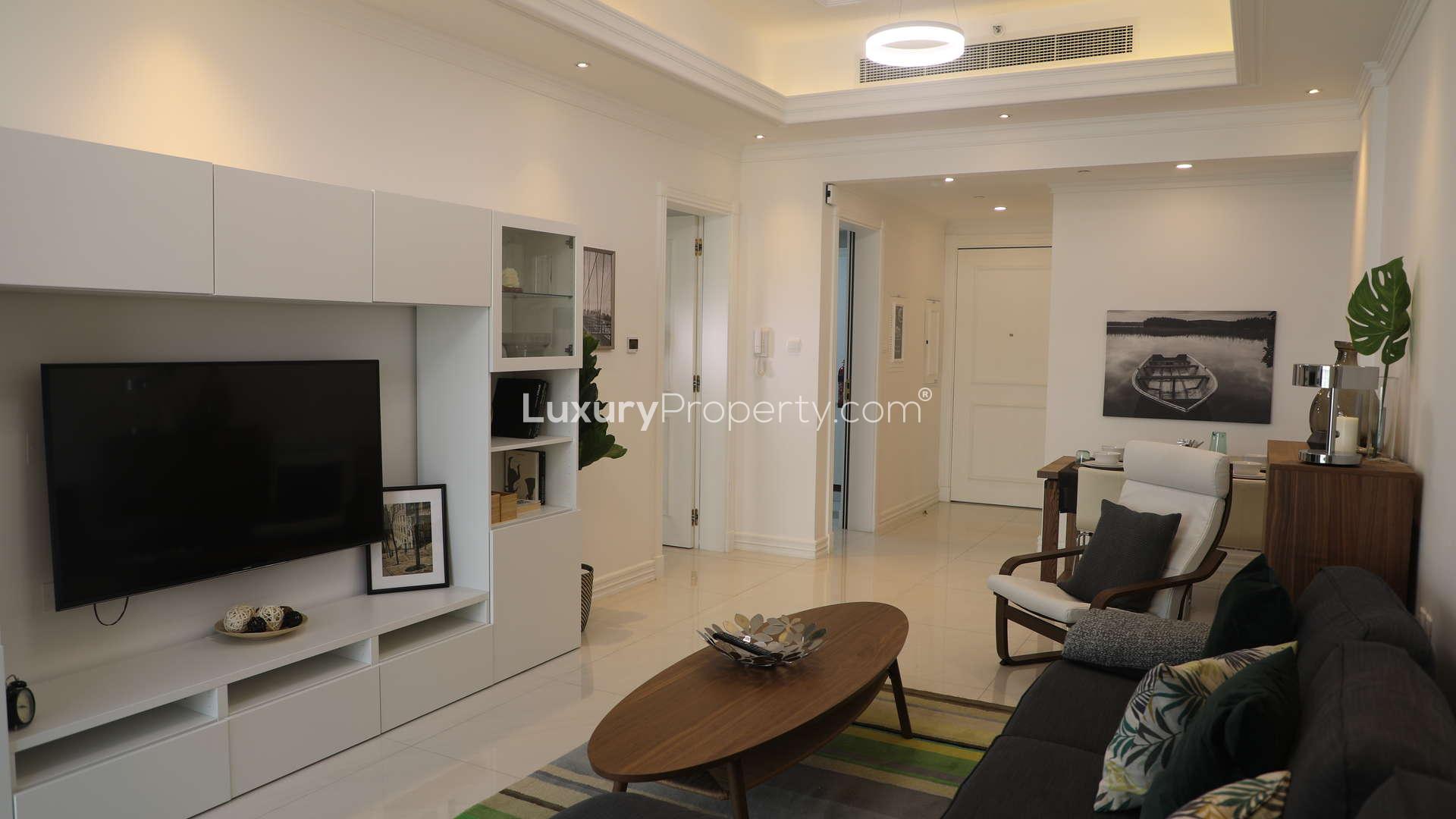 Luxurious living room in one-bedroom apartment, Vincitore Palacio, Arjan, Dubailand for sale
