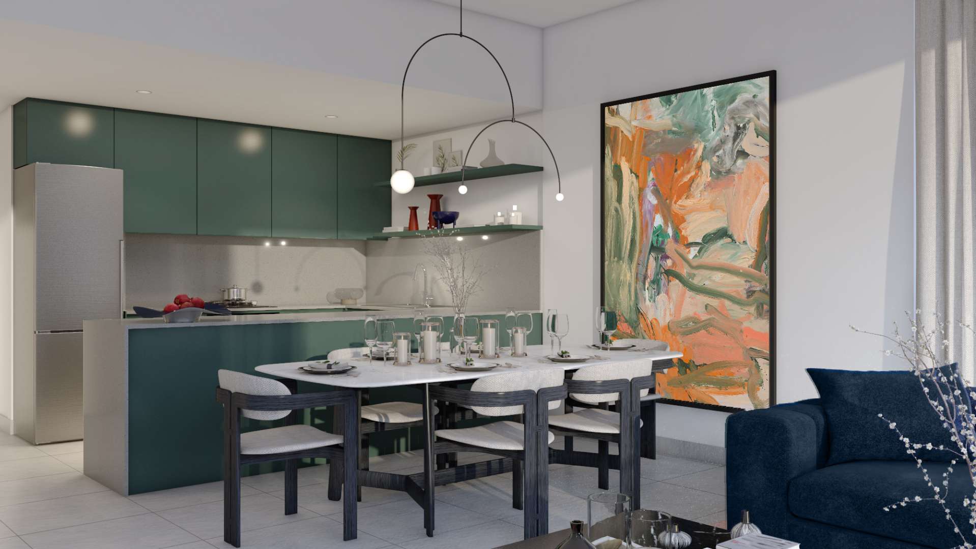 Stylish living room in 1-bedroom apartment, Viridian, City Walk, featuring modern furniture and art