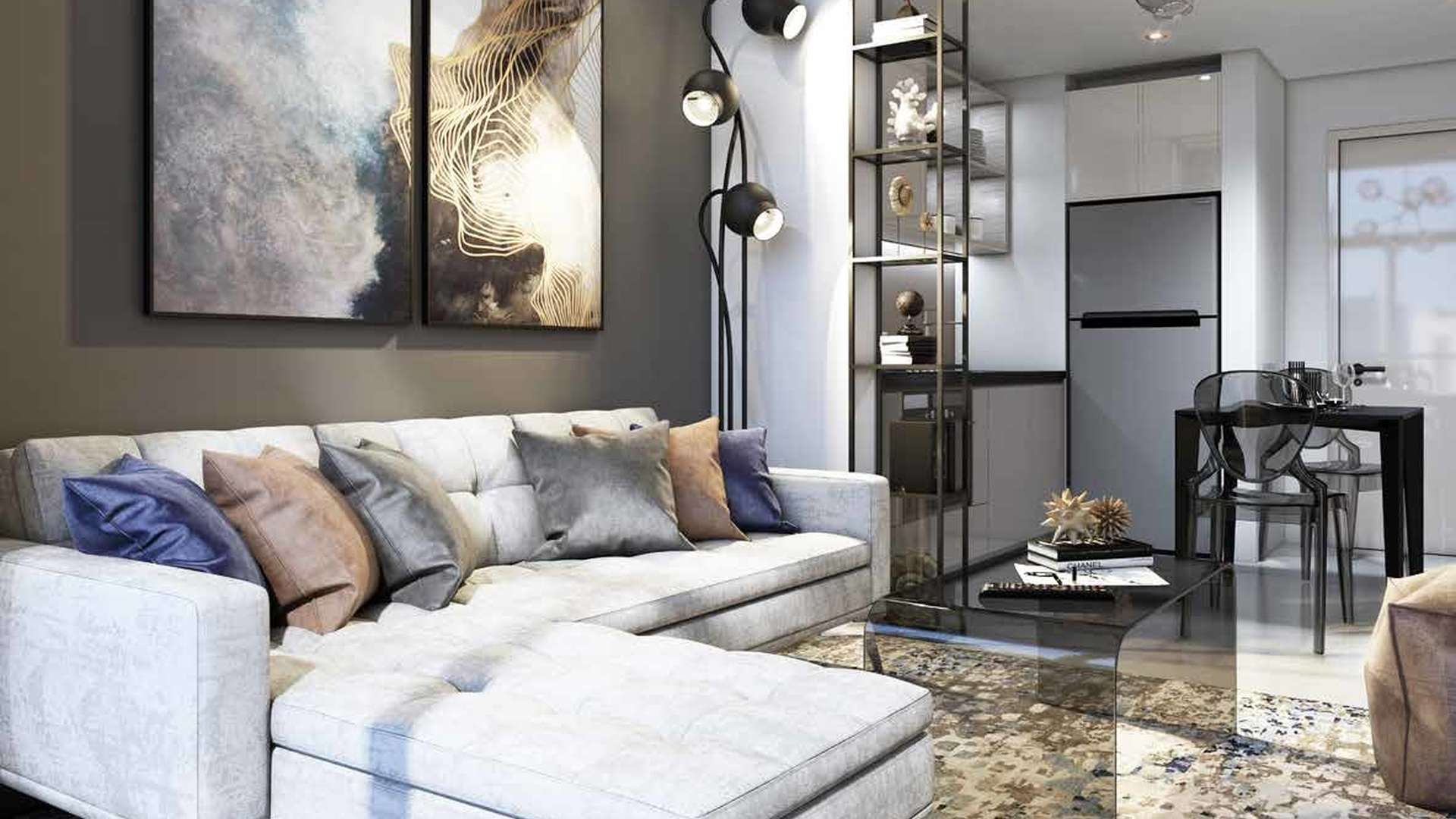 Modern living room and kitchen in one-bedroom apartment at Zada Residences, Business Bay