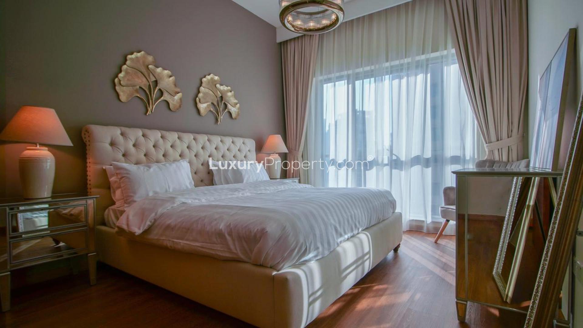 Balcony view of Downtown Dubai skyline and Burj Khalifa from Boulevard Central Towers apartment