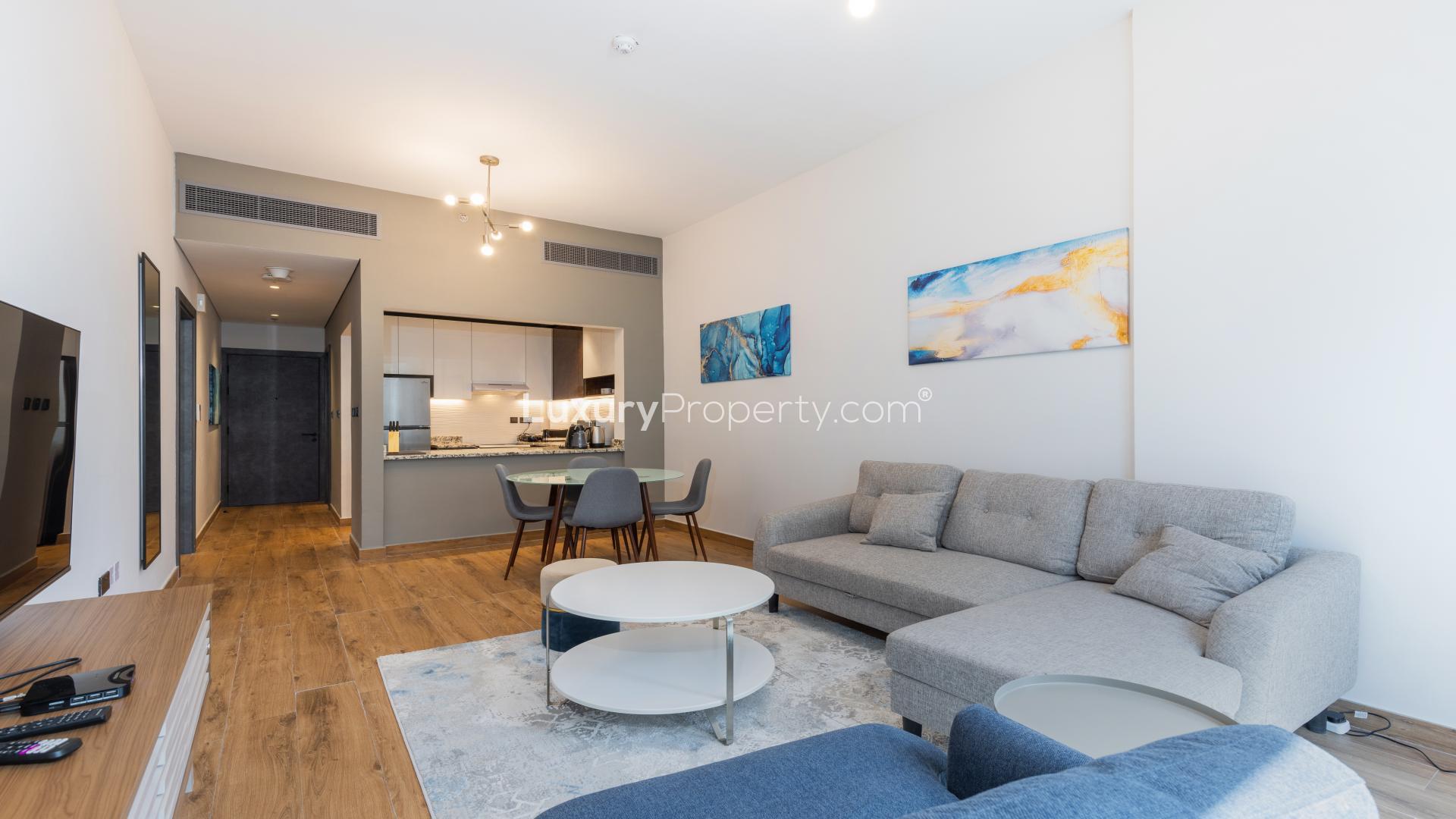 Living room in 1-bedroom apartment, Marina Moon Tower, Dubai Marina, featuring modern furnishings