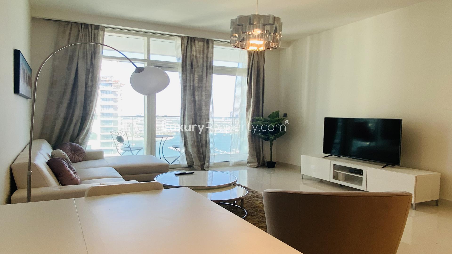 Brand new furnished living room in 1-bedroom Emaar Beachfront apartment, Dubai Harbour