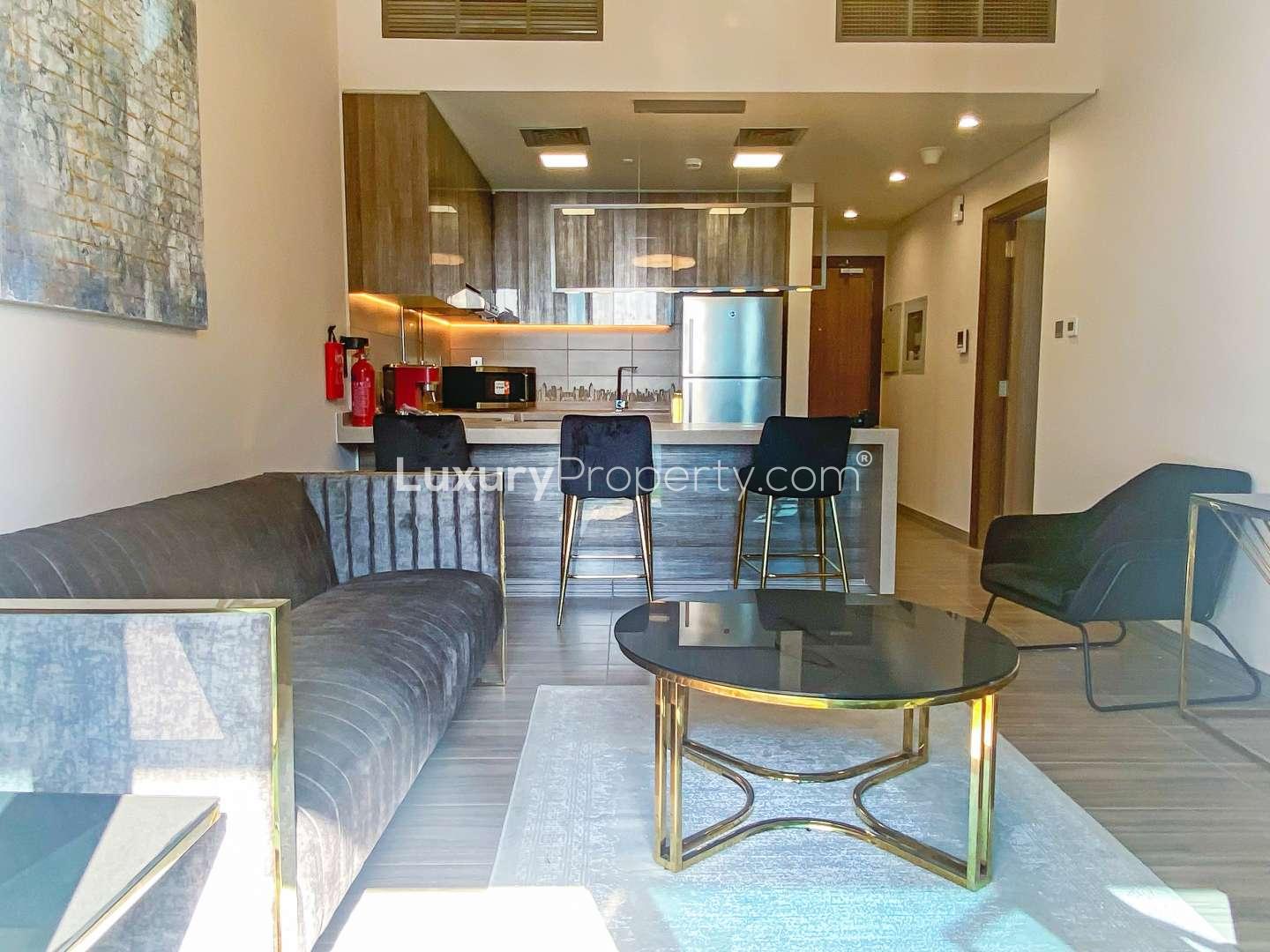 Brand new 1-bedroom apartment living room in MBL Residences, JLT, with modern furnishings