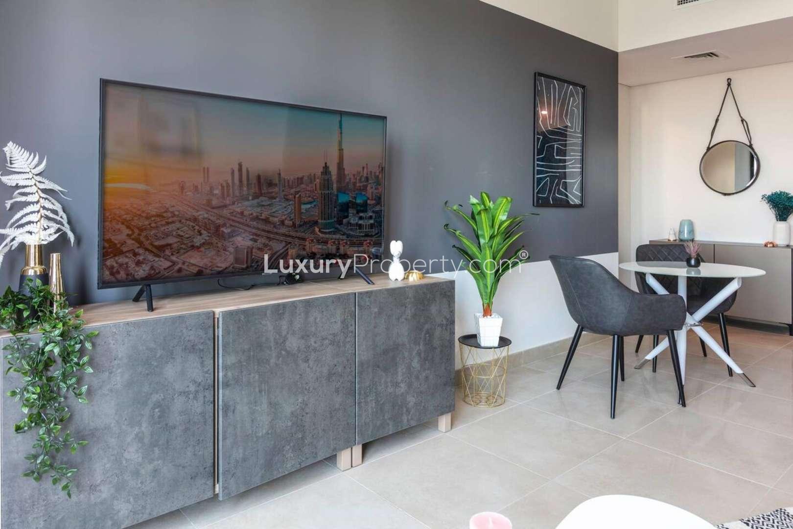Modern living room in 1-bedroom apartment, Sparkle Towers, Dubai Marina, short-term rental