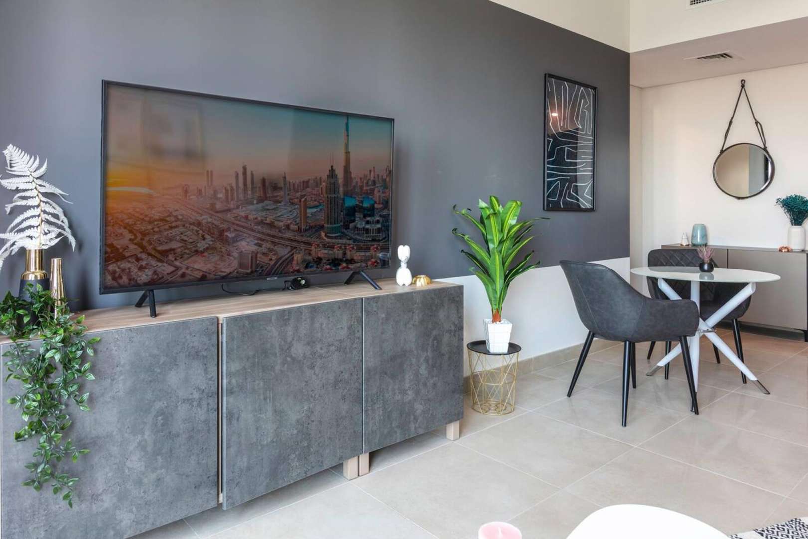 Modern living room in 1-bedroom apartment, Sparkle Towers, Dubai Marina, short-term rental