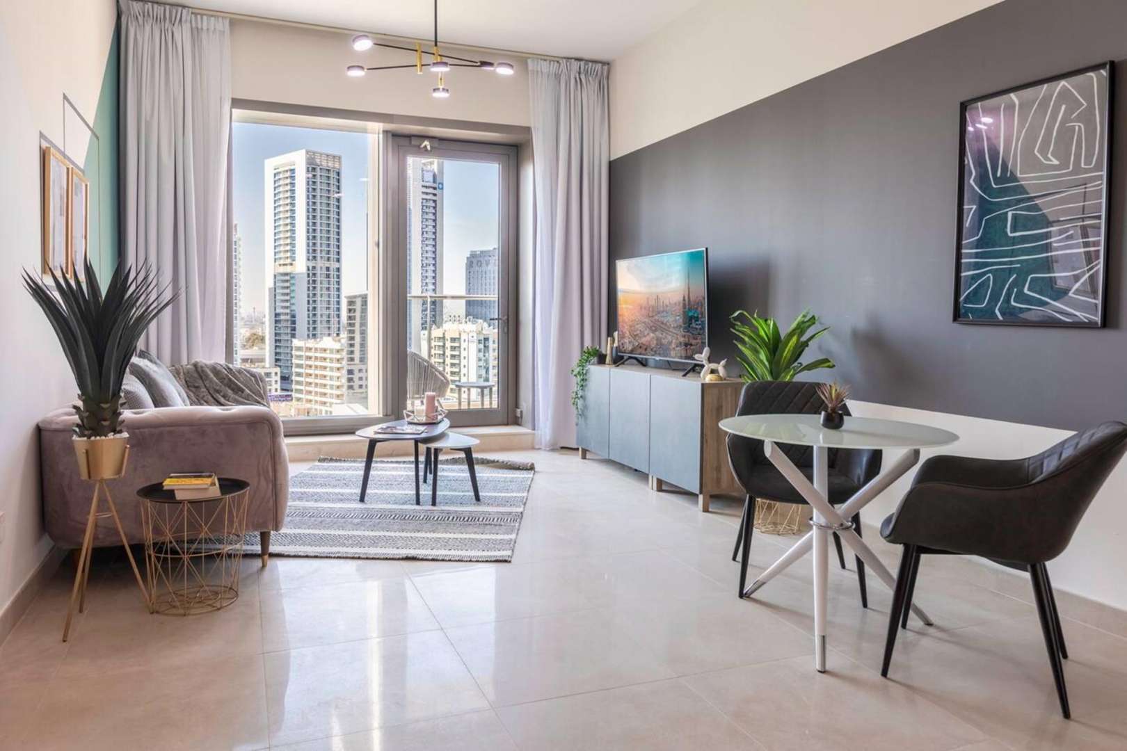 Luxurious bedroom in 1-bedroom apartment, Sparkle Towers, Dubai Marina, with modern decor and view