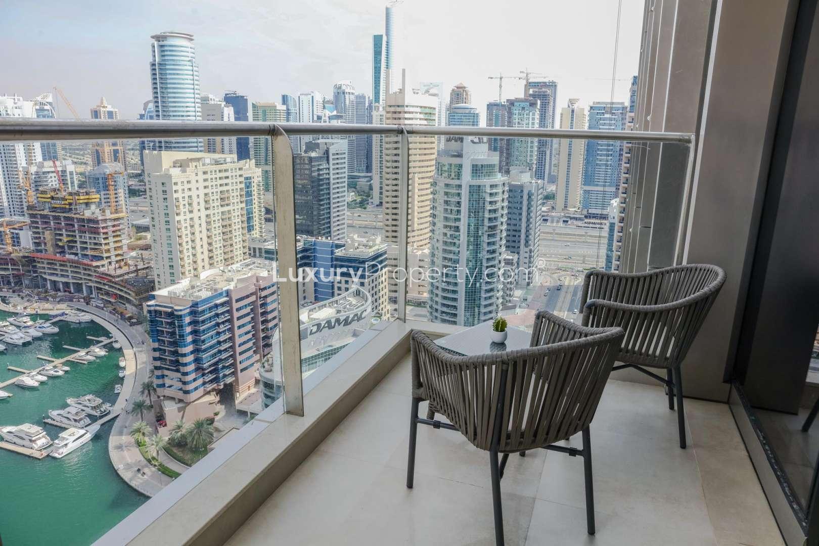 Modern living room in 1-bedroom apartment, Sparkle Towers, Dubai Marina, short-term rental