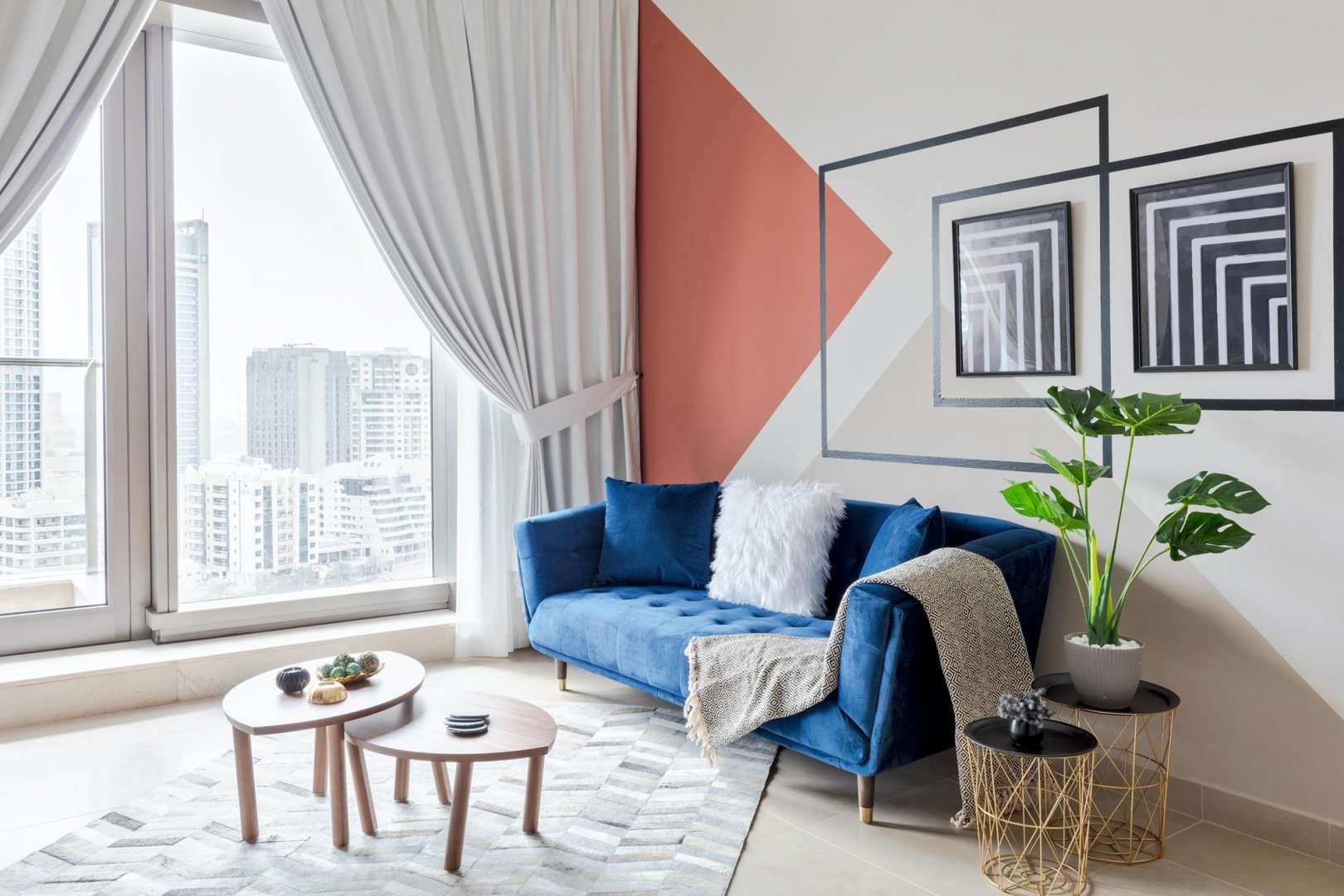 Luxurious bedroom in Sparkle Towers apartment, Dubai Marina, with balcony and stylish decor