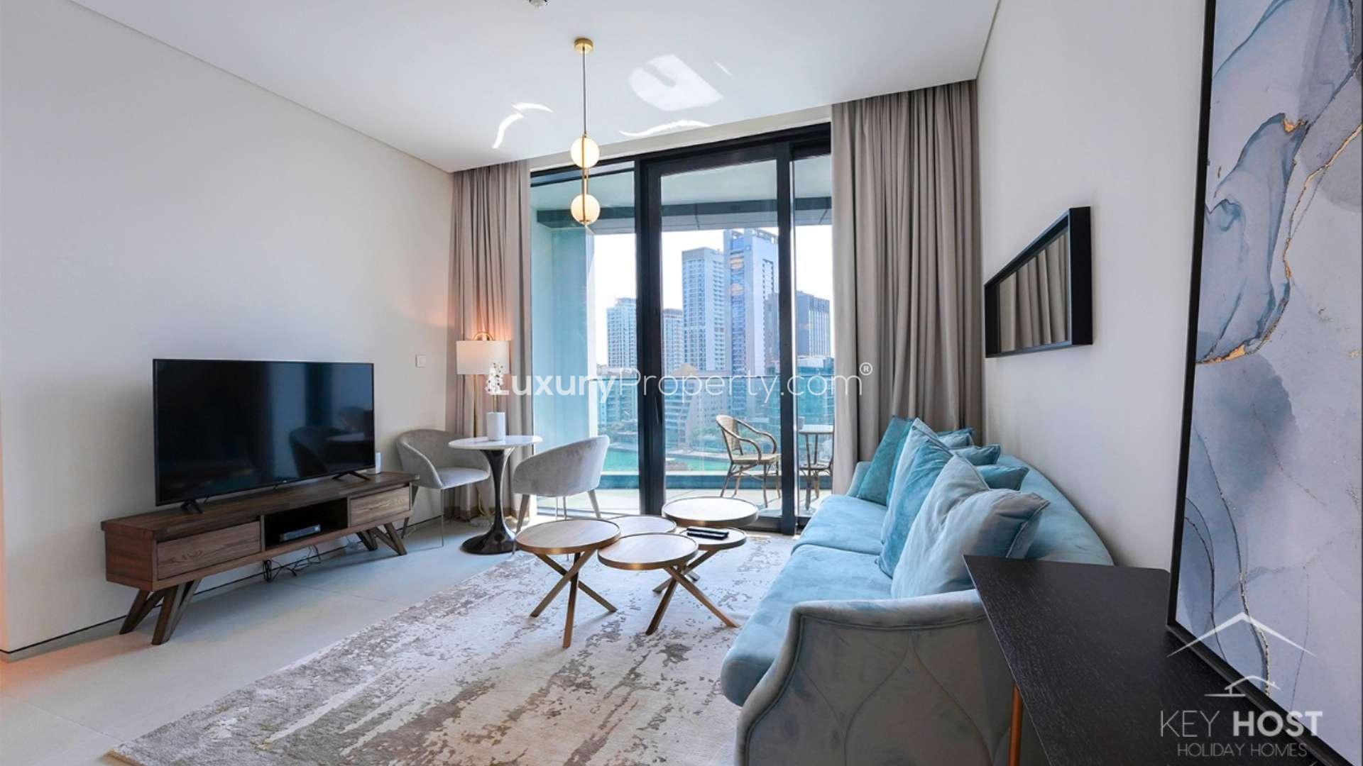 Contemporary living room with marina view in Jumeirah Beach Residence apartment for rent