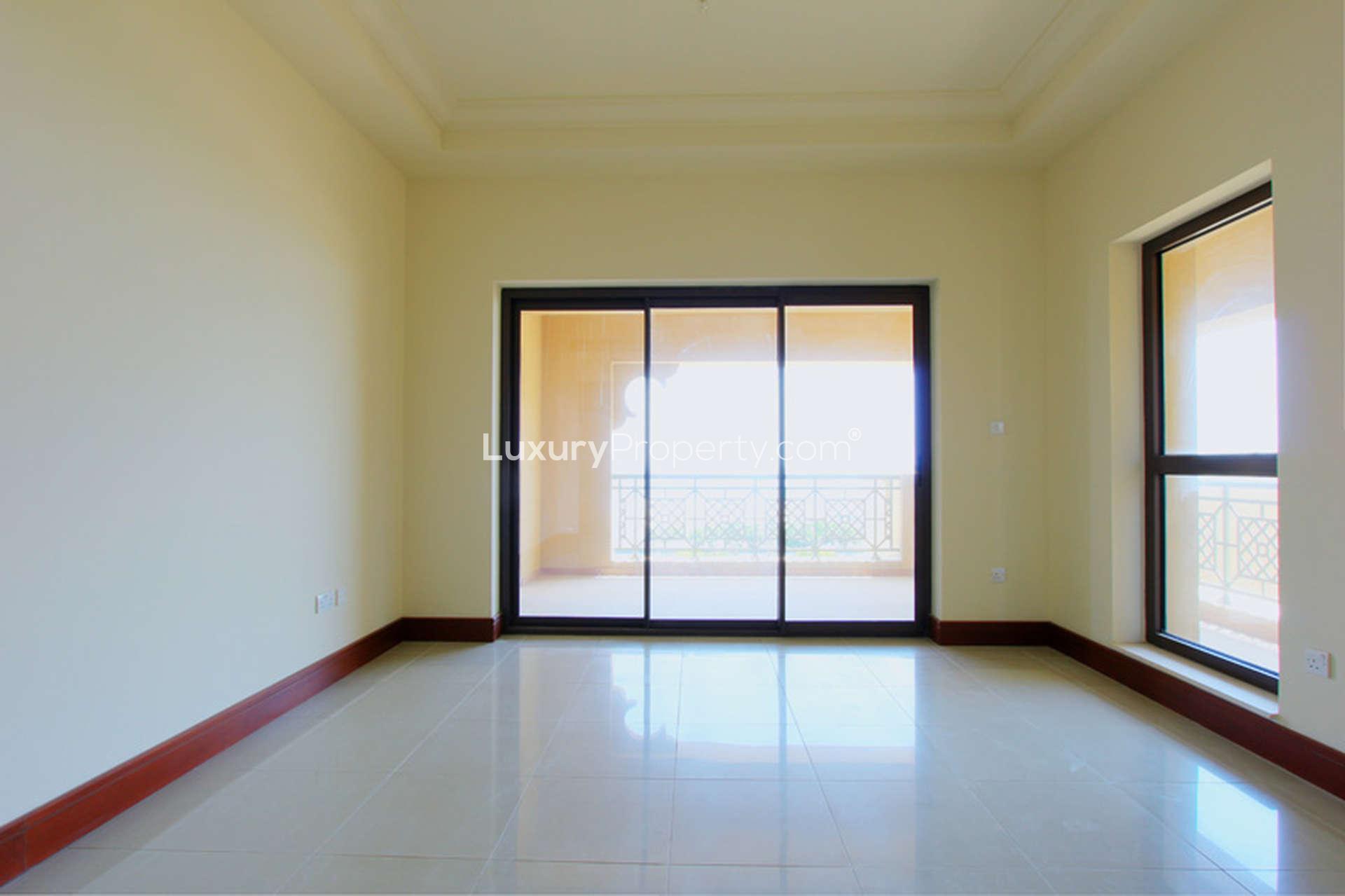 Spacious living room with large windows in Golden Mile 8 apartment, Palm Jumeirah for rent