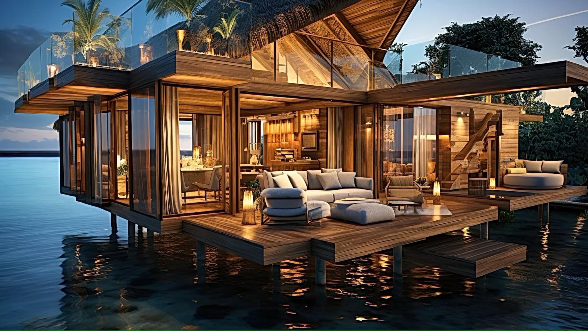 Waterfront view with overwater villas at sunset, Frangipani Beach, Havannah Harbour, Vanuatu