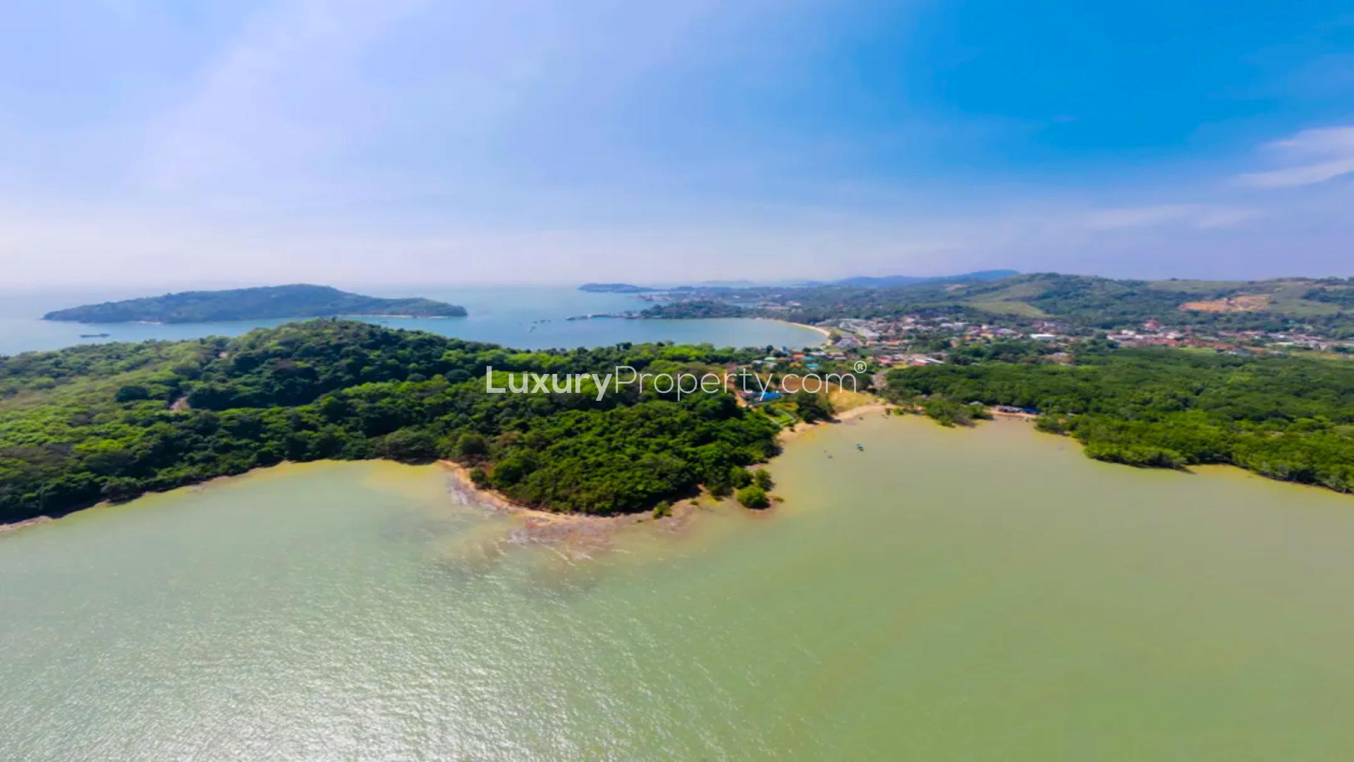 Aerial view of prime sea-view land for sale in Cape Panwa, Phuket