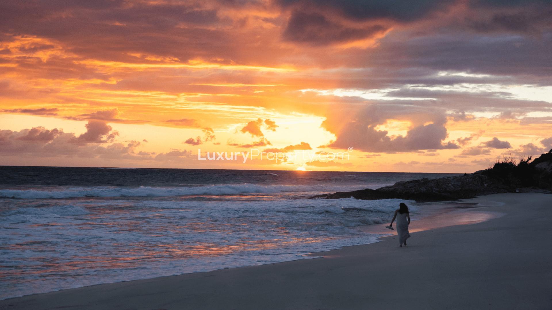 Sunset view on Baker's Bay beach, Abaco Islands, Bahamas – land for sale