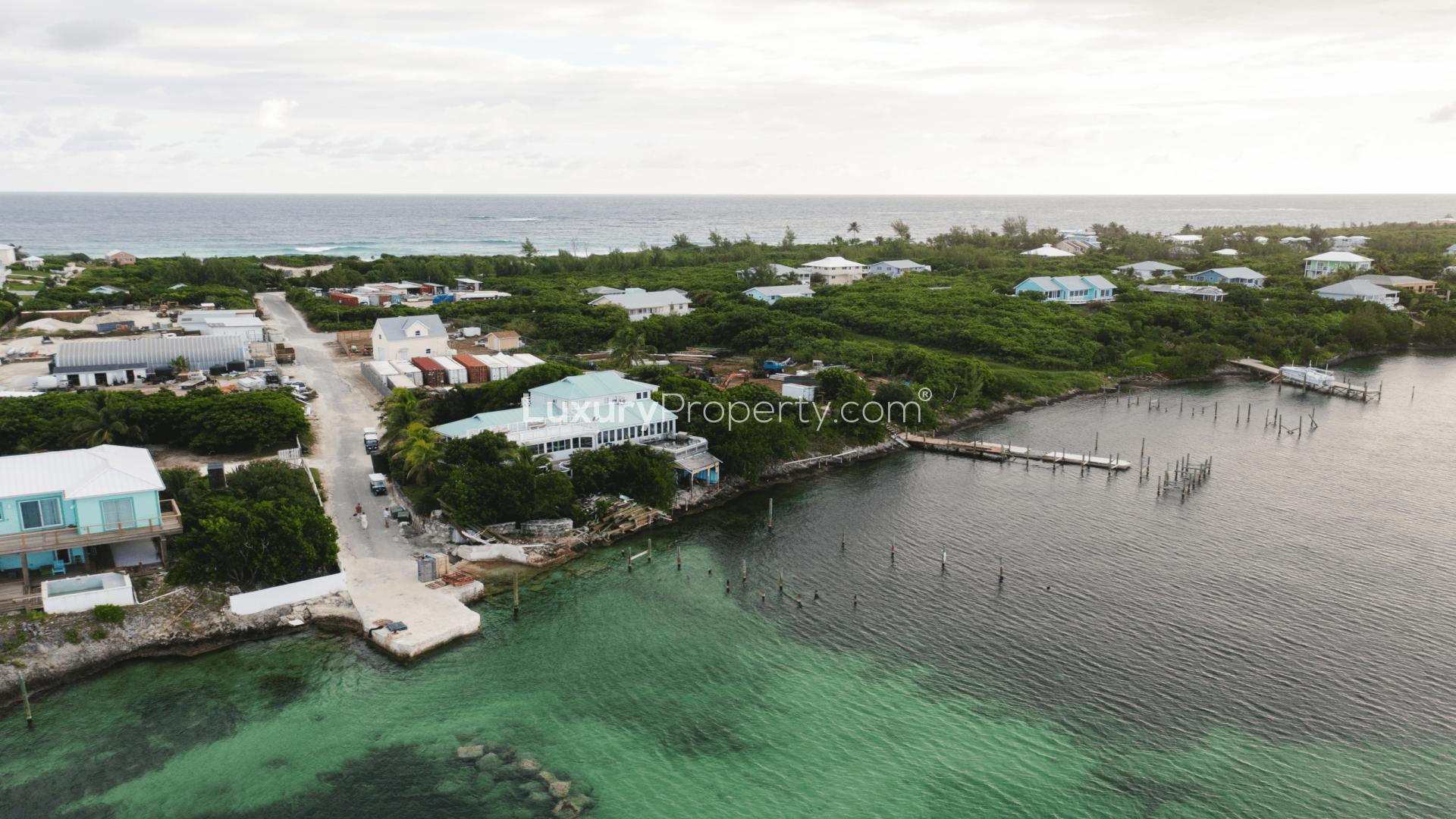 Aerial view of prime beachfront land for sale in Bakers Bay, Abaco Islands, Bahamas.