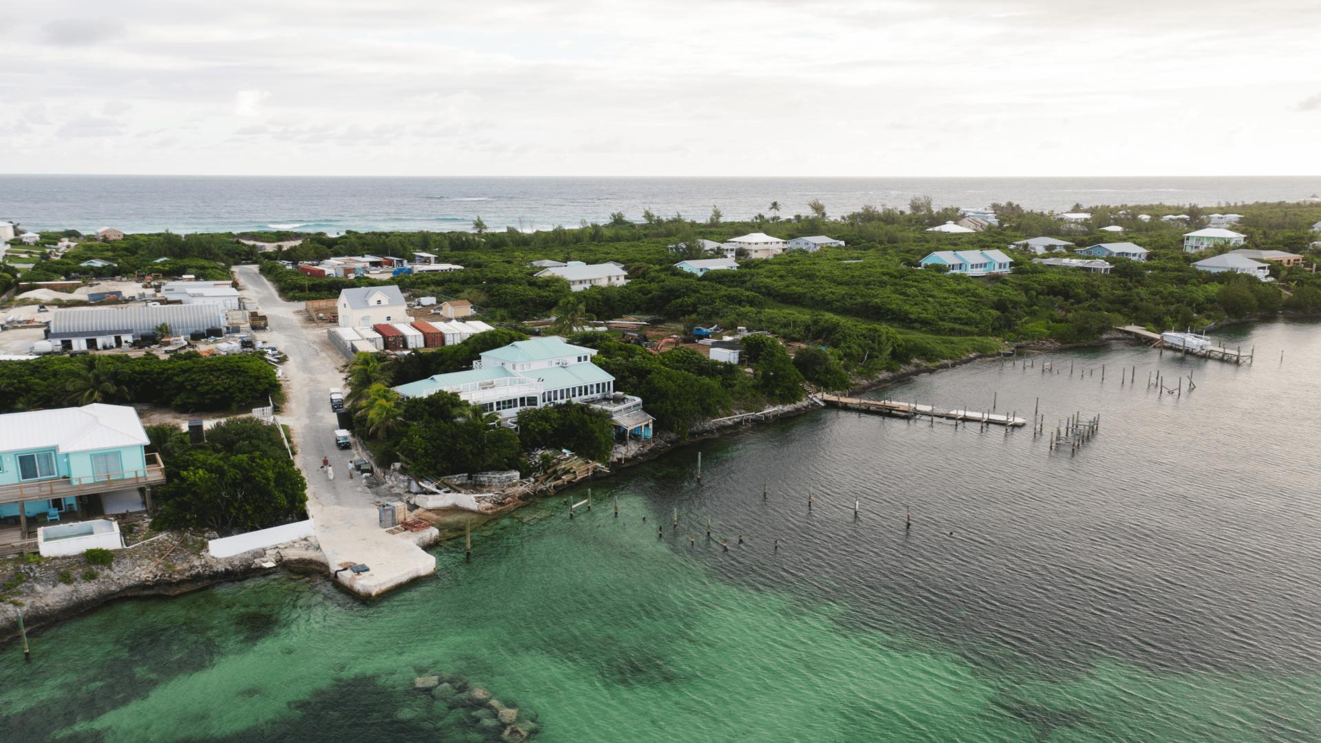 Aerial view of prime beachfront land for sale in Bakers Bay, Abaco Islands, Bahamas.