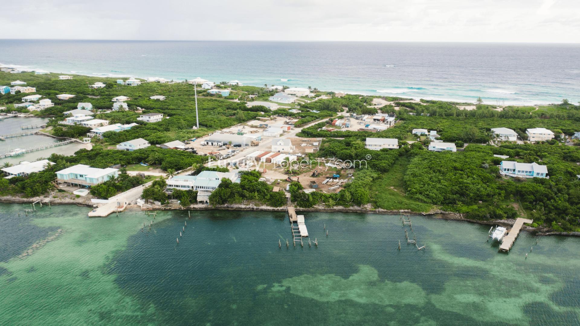 Aerial view of prime beachfront land in Bakers Bay, Abaco Islands, Bahamas for sale