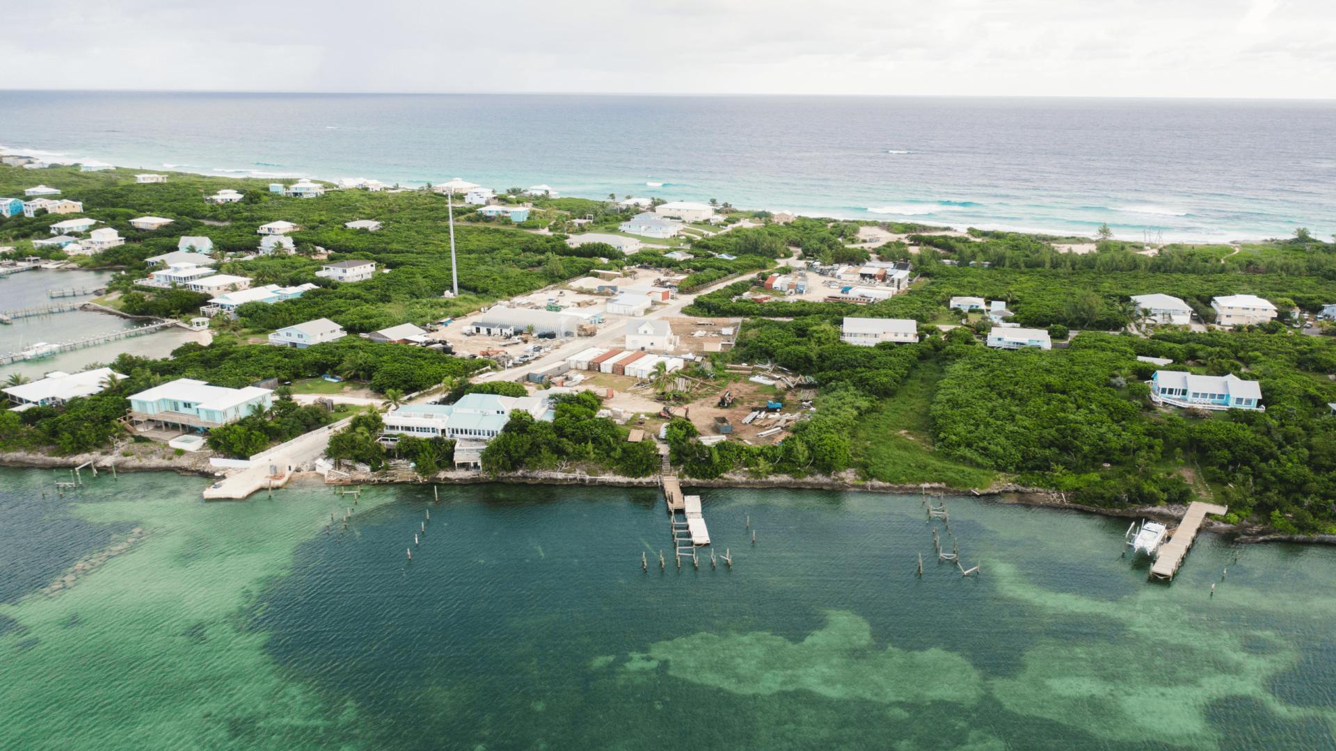 Aerial view of prime beachfront land in Bakers Bay, Abaco Islands, Bahamas for sale