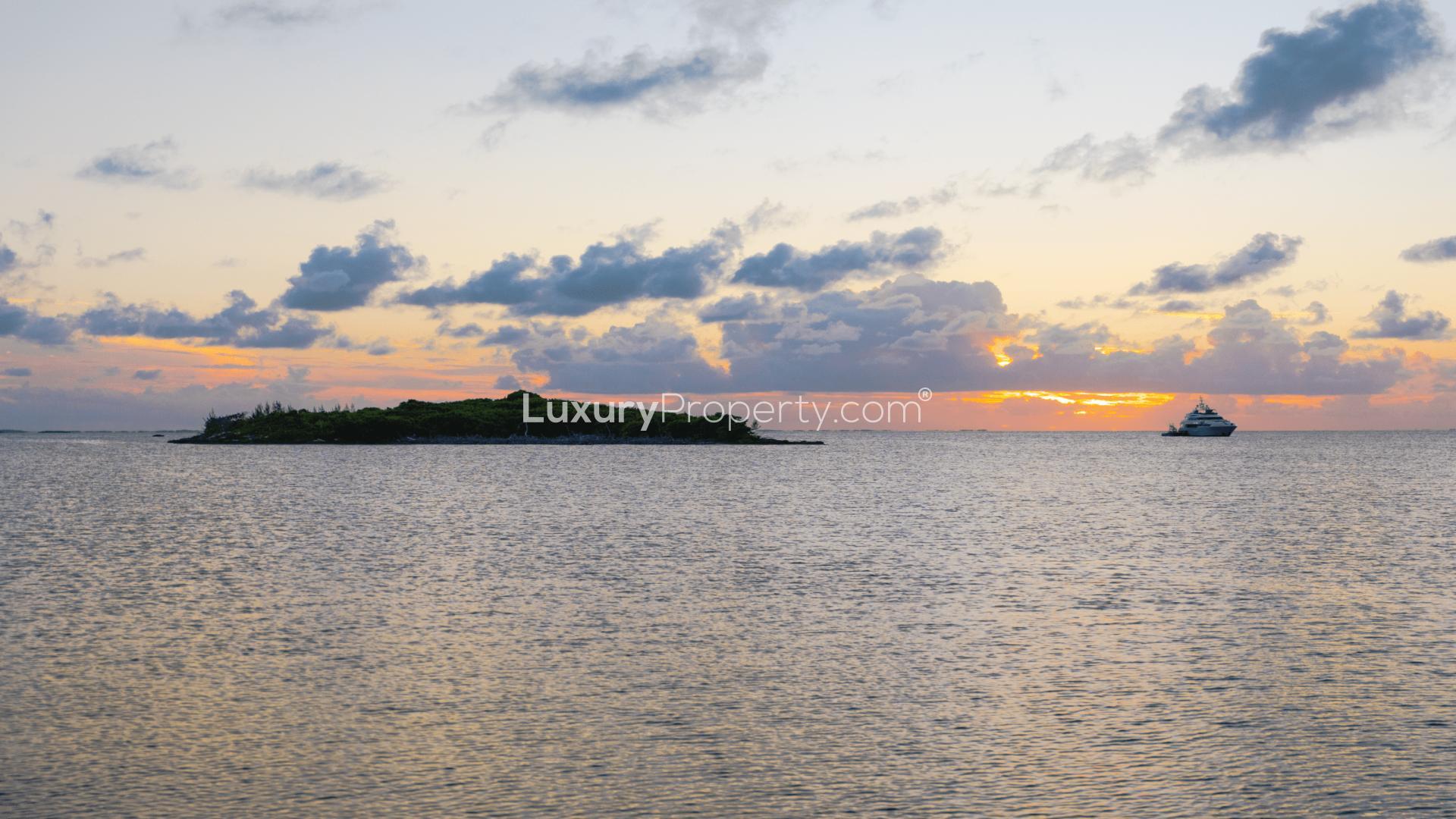 Sunset view from dock on scenic 3-acre cay, Abaco Islands, Bahamas