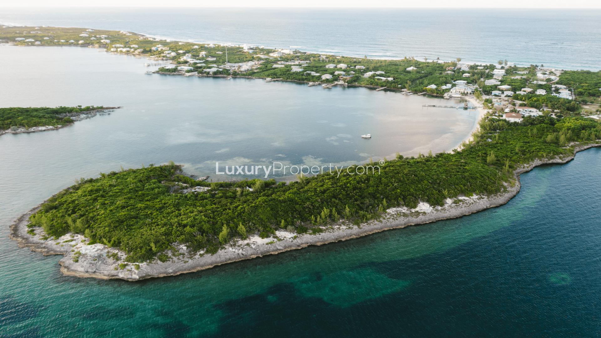 Aerial view of scenic 3-acre cay for sale in Bakers Bay, Abaco Islands