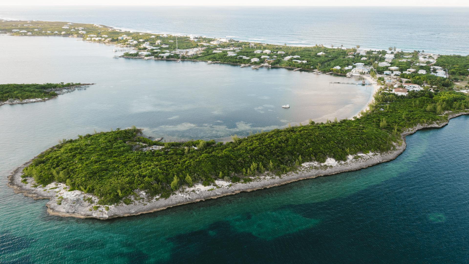 Aerial view of scenic 3-acre cay for sale in Bakers Bay, Abaco Islands