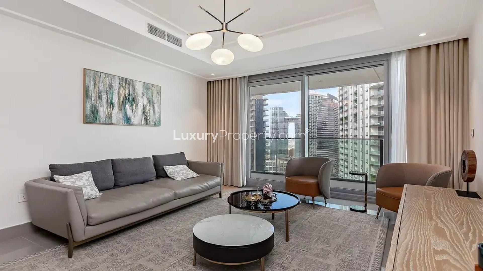 Luxurious Opera Grand penthouse living area with modern decor in Downtown for rent