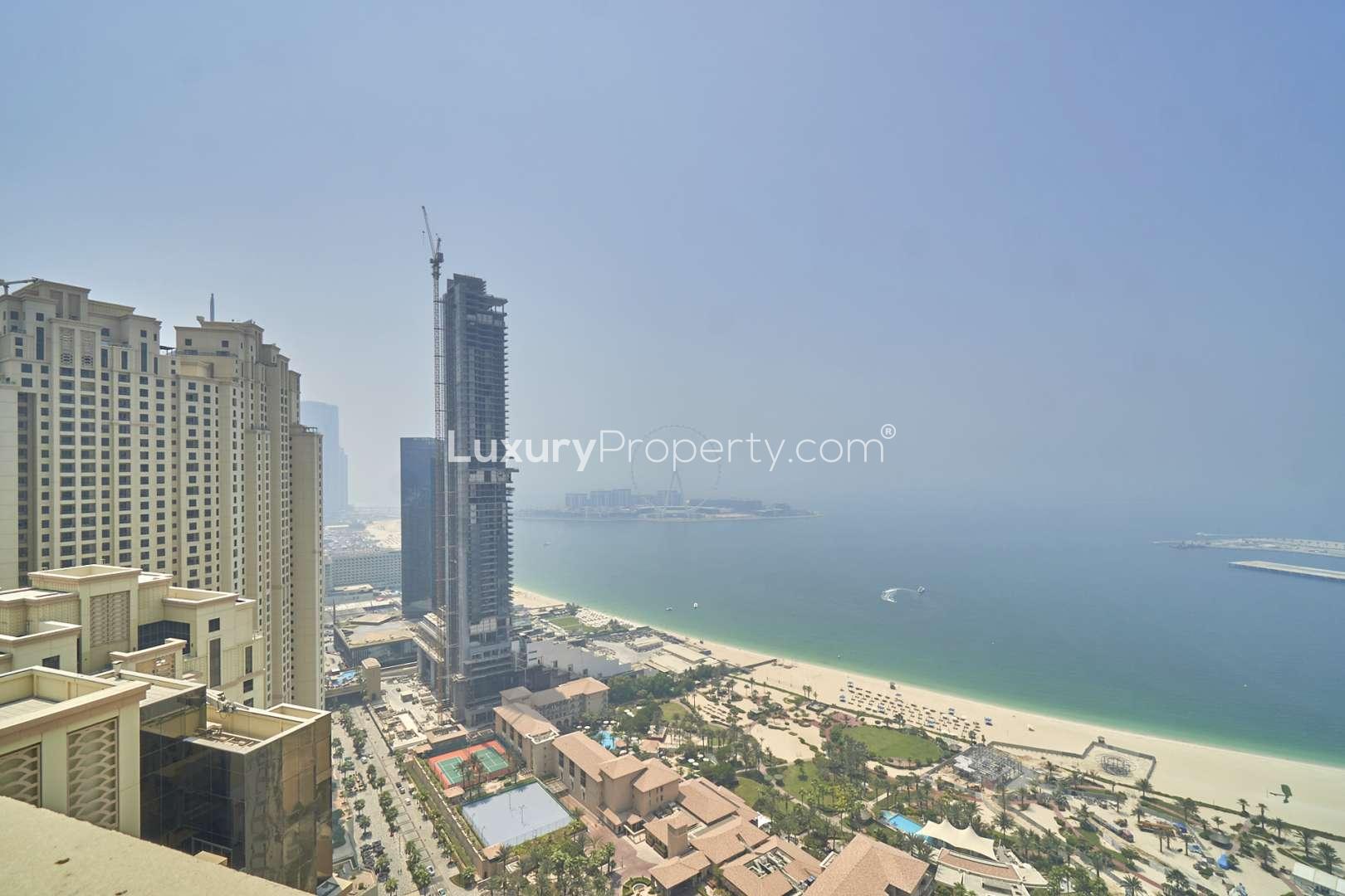 Aerial view from Murjan 4 Penthouse, Jumeirah Beach Residence overlooking sea and cityscape