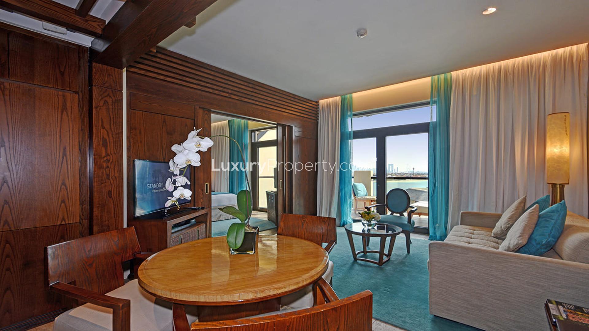 Luxury 1-bedroom apartment interior at Sofitel The Palm, Palm Jumeirah, featuring modern decor