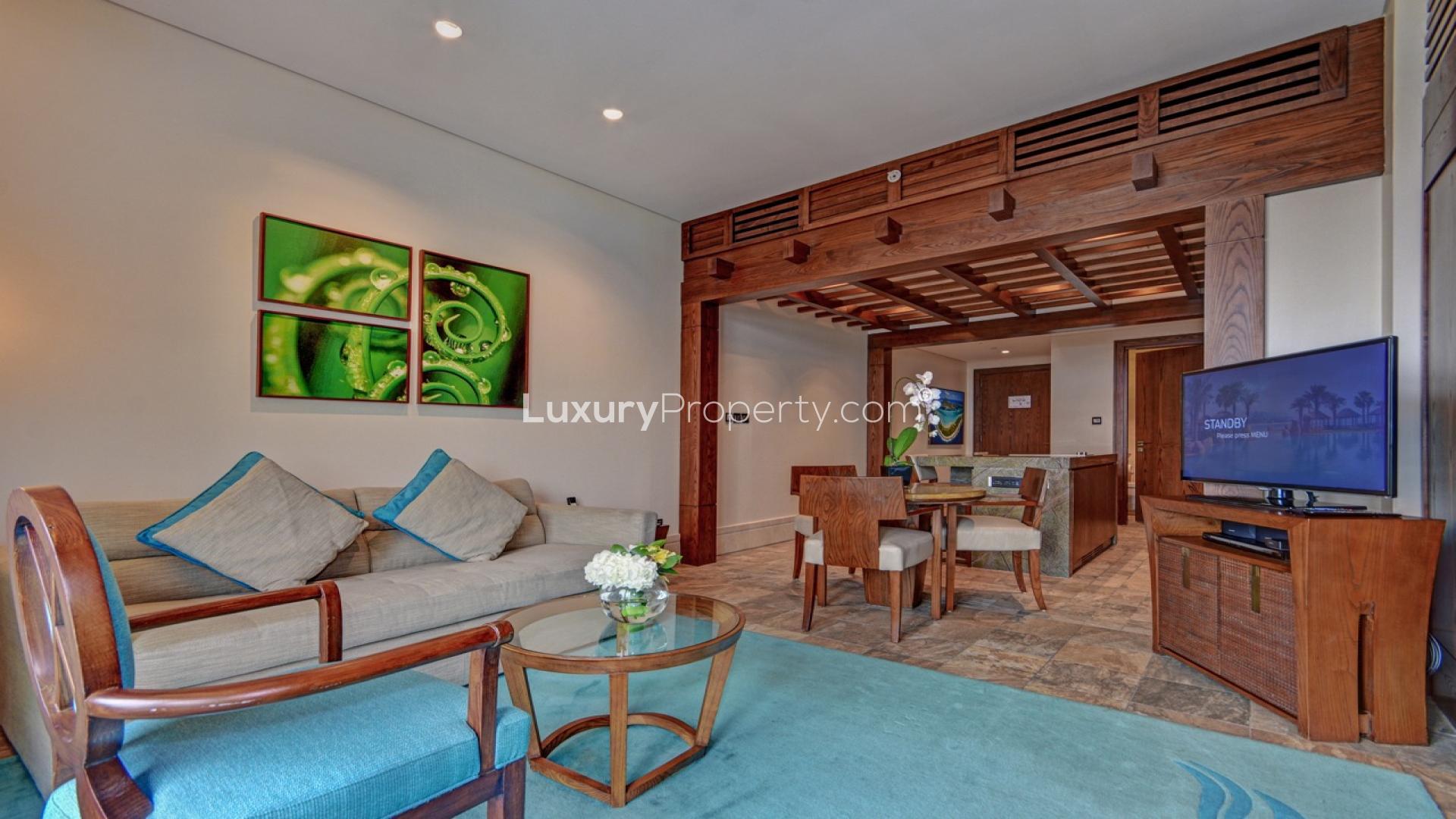 Luxury kitchen and living area in 1-bedroom apartment at Sofitel The Palm, Palm Jumeirah
