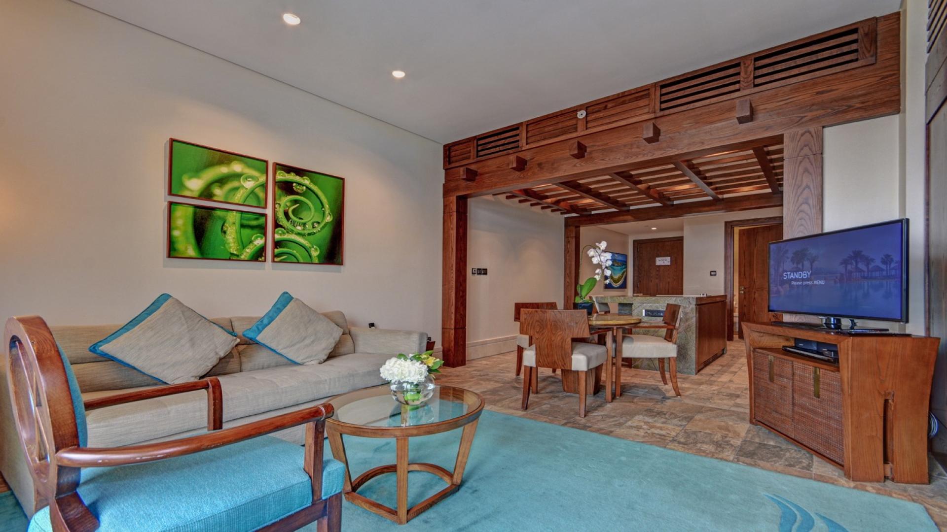 Luxury kitchen and living area in 1-bedroom apartment at Sofitel The Palm, Palm Jumeirah