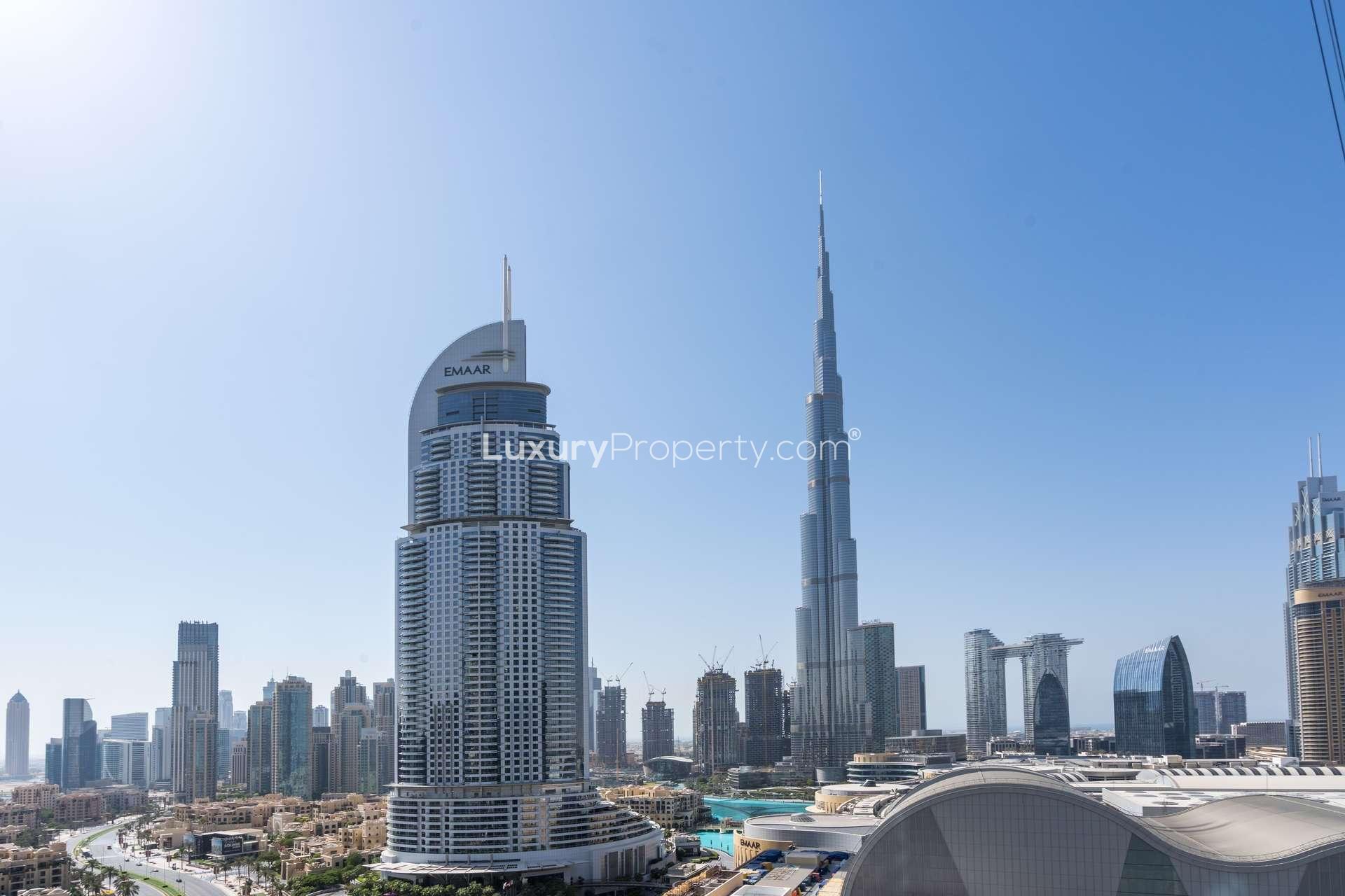 Alt text: "Downtown Dubai skyline view from The Address Fountain Views apartment for rent.",Skyline view from The Address Fountain Views apartment, featuring iconic Downtown Dubai buildings