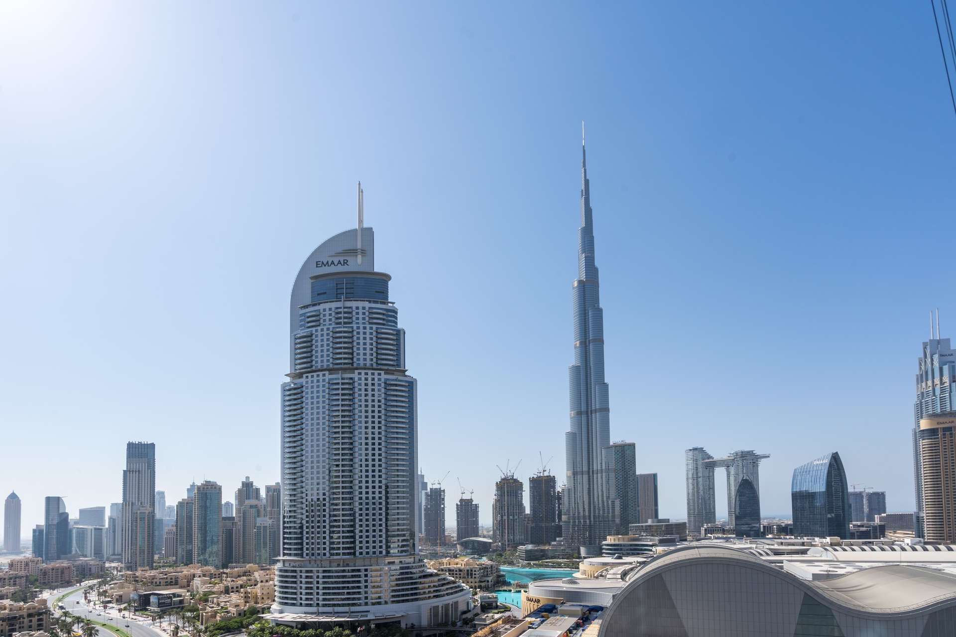 Alt text: "Downtown Dubai skyline view from The Address Fountain Views apartment for rent.",Skyline view from The Address Fountain Views apartment, featuring iconic Downtown Dubai buildings