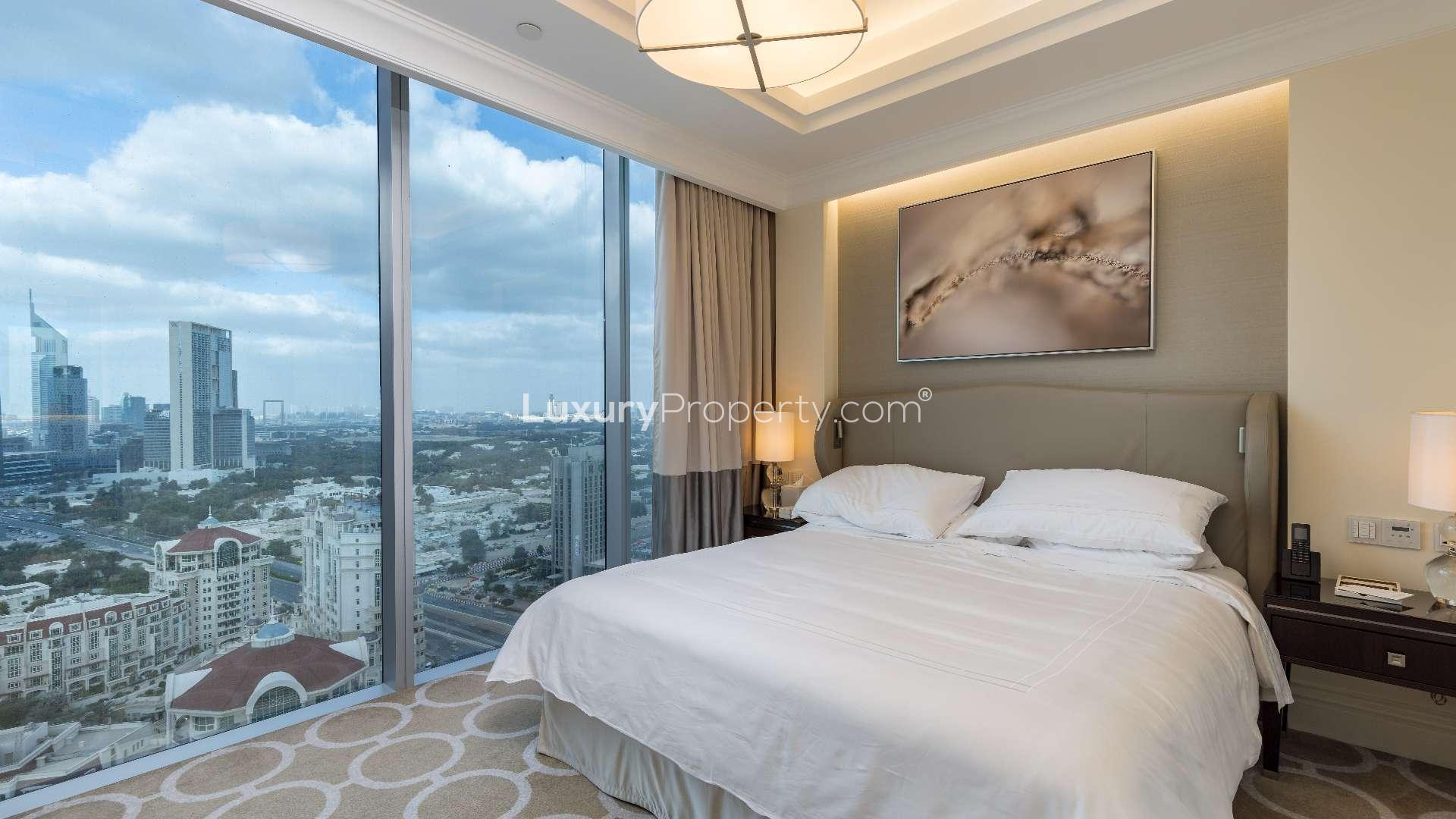 Luxurious Downtown Dubai apartment interior with DIFC view, modern furniture, elegant lighting