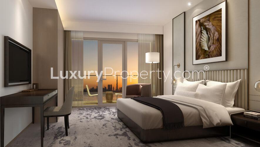 Modern living room with panoramic Dubai skyline view at Address Harbour Point, Dubai Creek Harbour