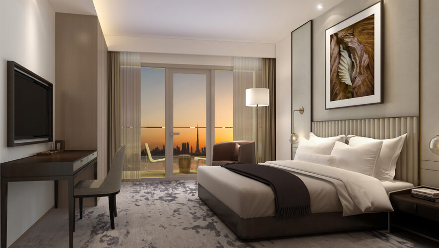 Modern living room with panoramic Dubai skyline view at Address Harbour Point, Dubai Creek Harbour