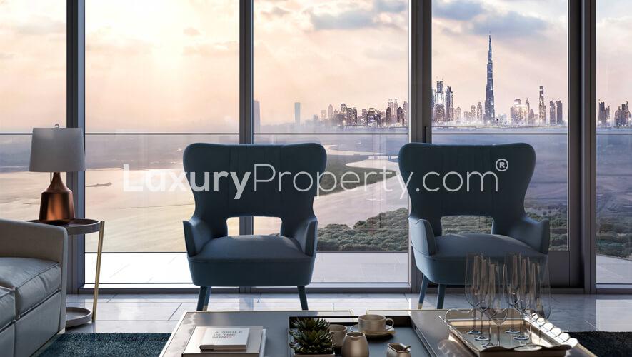 Aerial view of Address Harbour Point, Dubai Creek Harbour waterfront skyline and marina