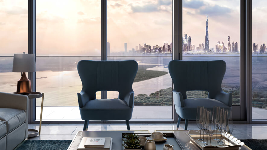 Aerial view of Address Harbour Point, Dubai Creek Harbour waterfront skyline and marina