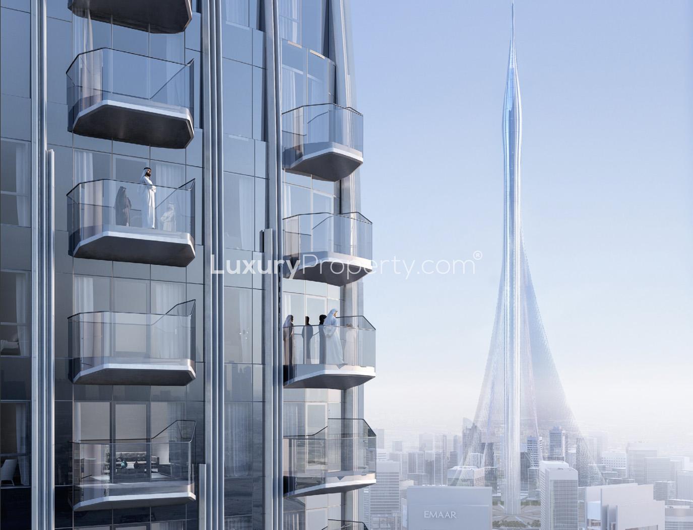 Luxurious one-bedroom apartment interior at Address Harbour Point, Dubai Creek Harbour, sunset view