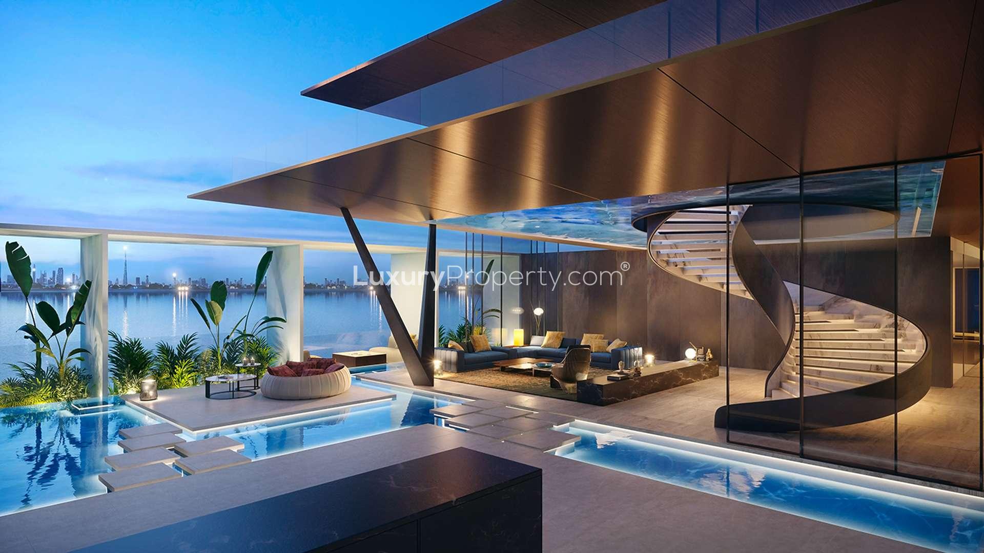 Studio apartment interior with modern decor, pool view at Cote d'Azur, The World Islands