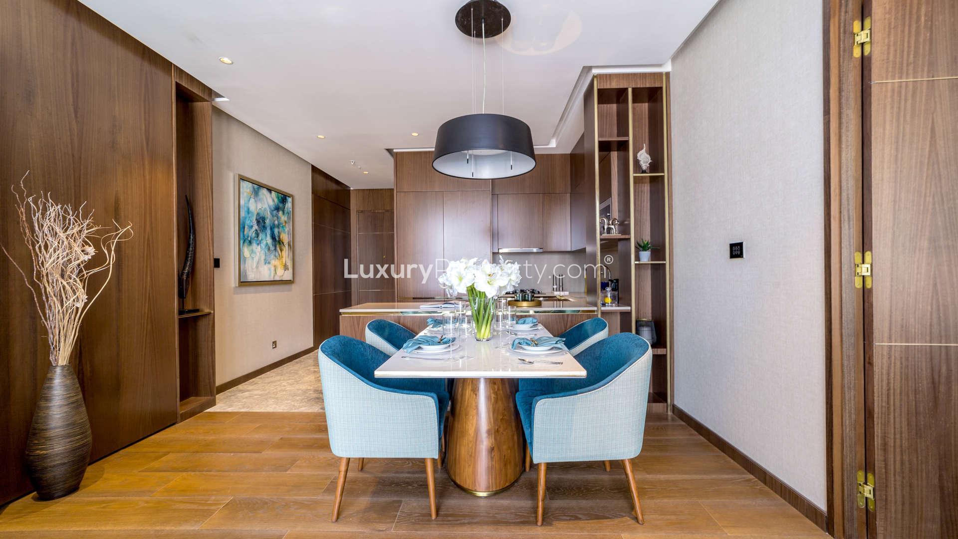 Elegant living room in 1-bedroom suite at Langham Place, Downtown Dubai, with modern decor
