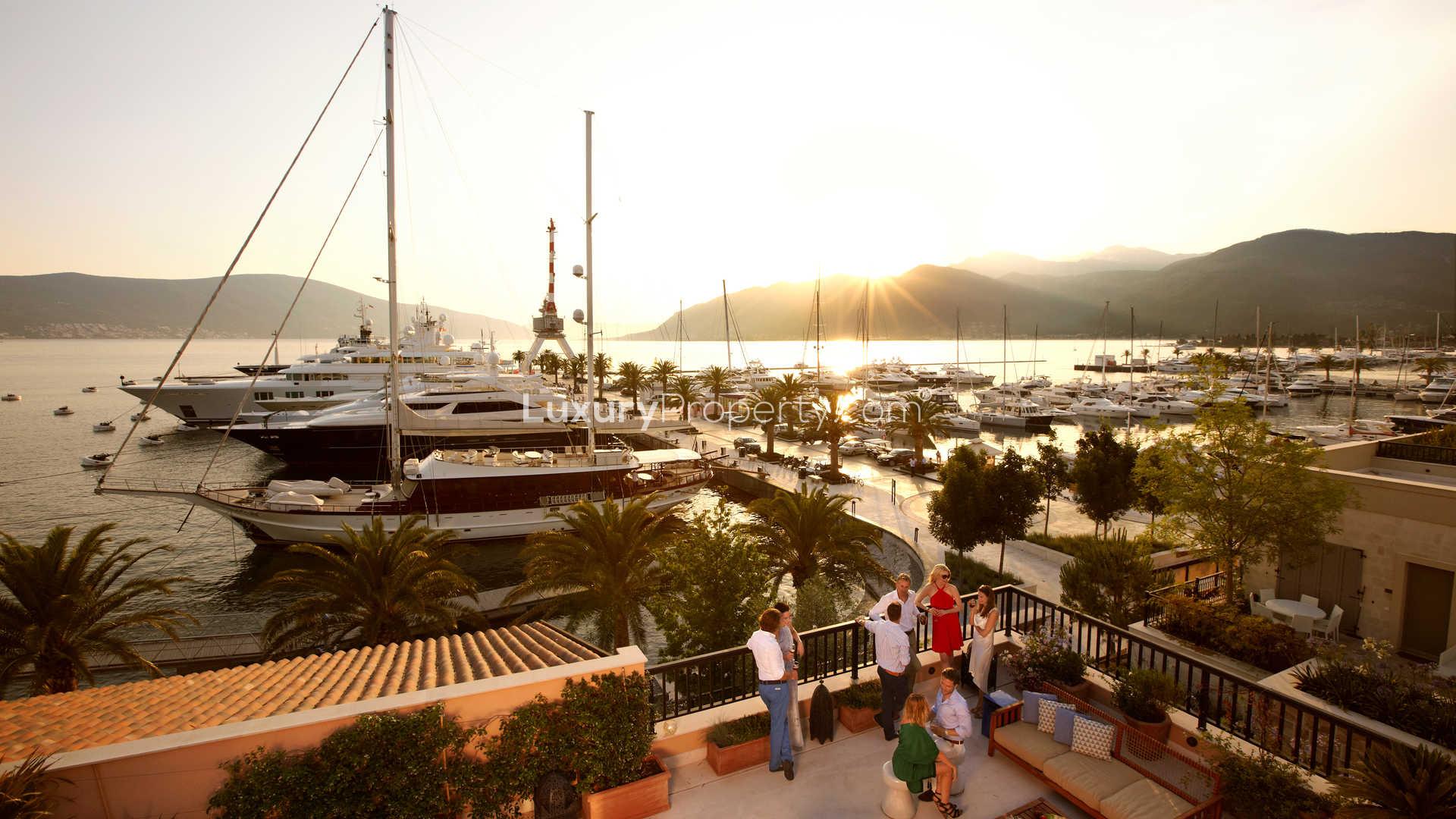 Luxury apartment view, Regent Pool Club Residences Aqua, Porto Montenegro, with pool and marina